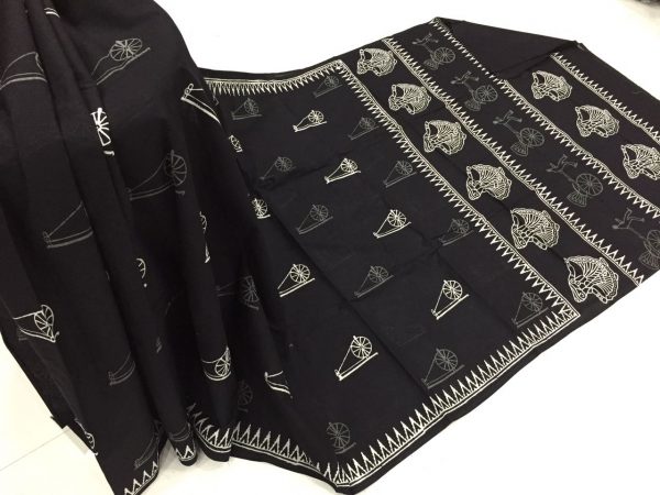 Exclusive black and white regular wear charkha bagru print cotton sarees with blouse piece