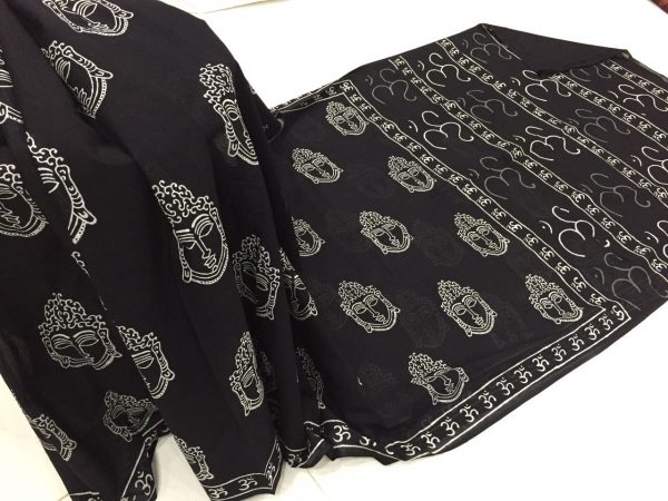 Exclusive black and white regular wear kalamkari bagru print cotton sarees with blouse piece
