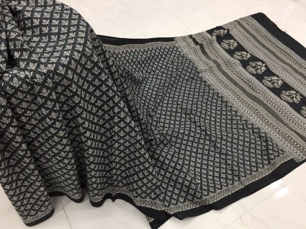 Exclusive black and white regular wear booty bagru print cotton sarees with blouse piece