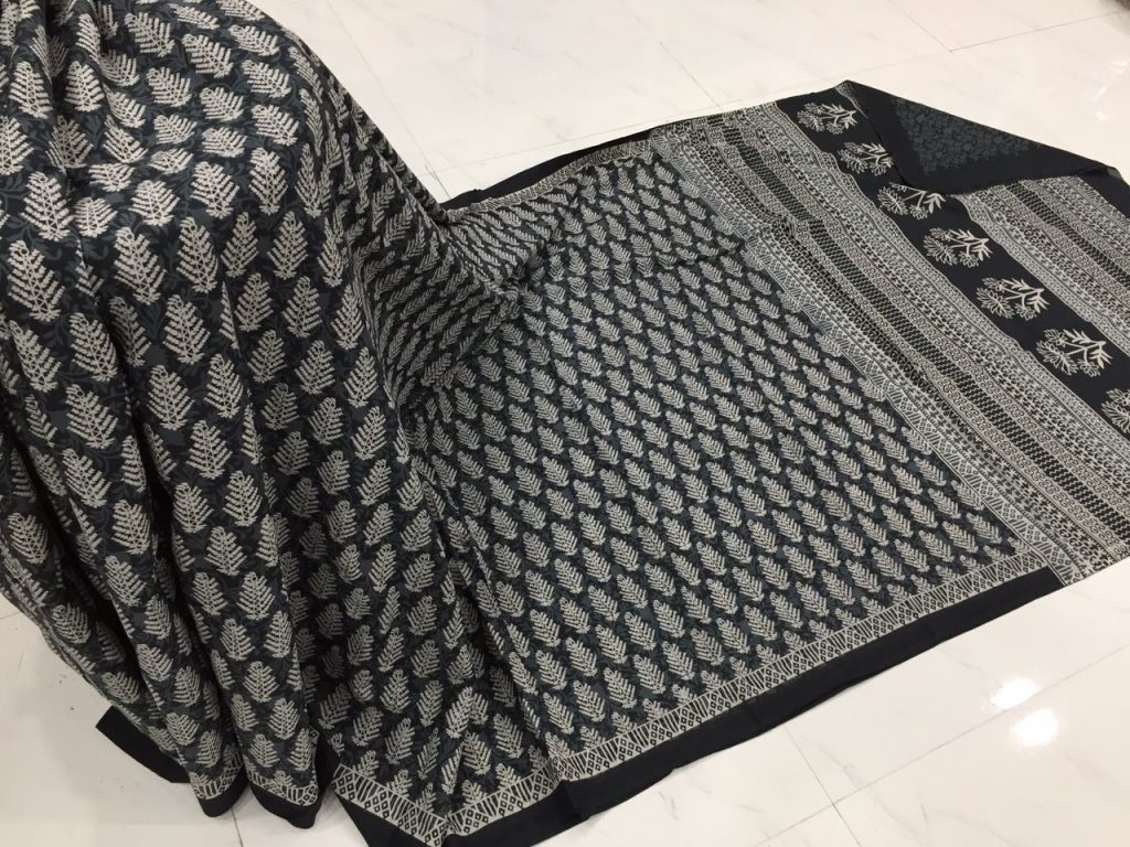 Exclusive black and white casual wear booty bagru print cotton sarees with blouse piece
