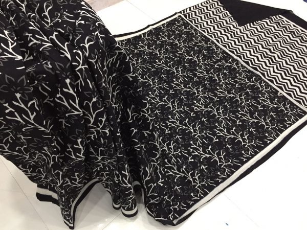 Exclusive black and white casual wear bagru print cotton sarees with blouse piece