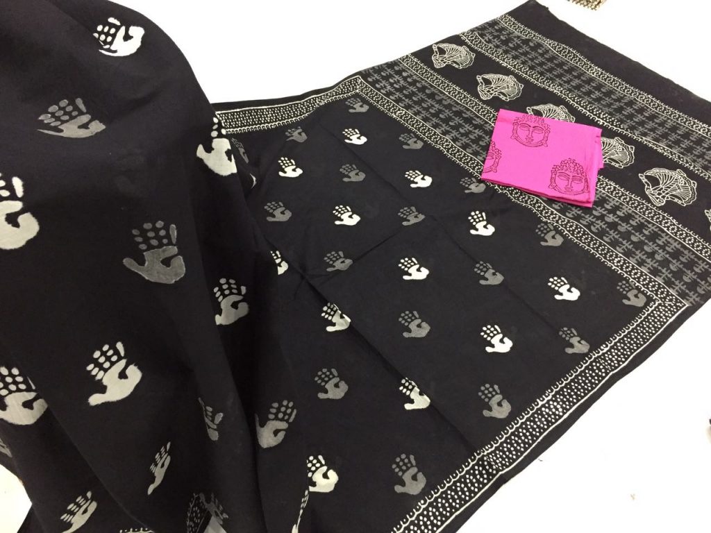 Exclusive black and white casual wear bagru handprint cotton sarees with blouse piece