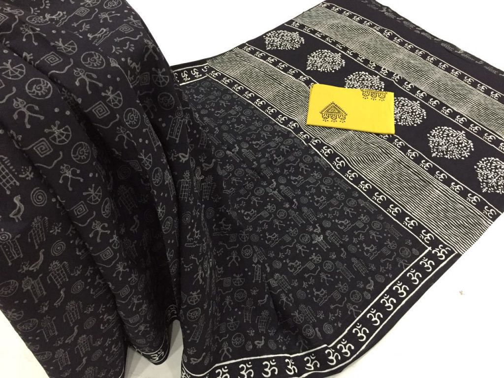 Exclusive black and white daily wear bagru print cotton sarees with blouse piece