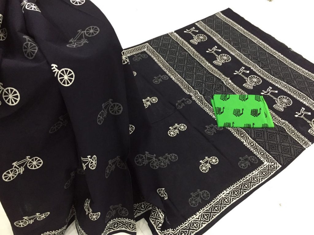 Exclusive black and white daily wear cycle bagru print cotton sarees with blouse piece
