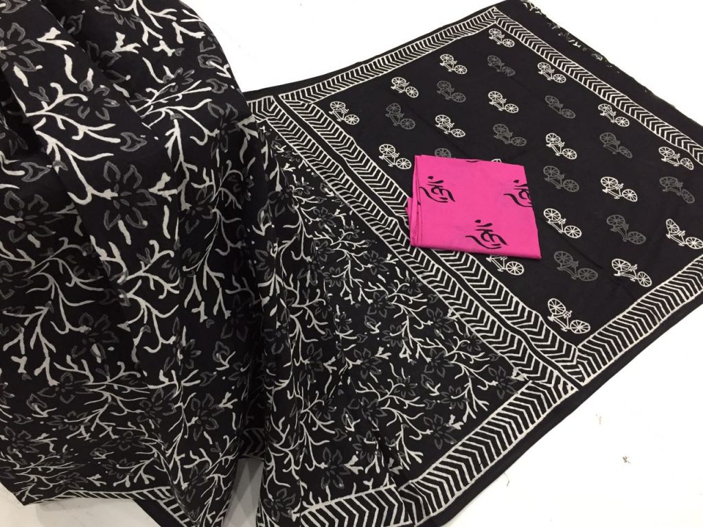 Exclusive black and white daily wear floral bagru print cotton sarees with blouse piece