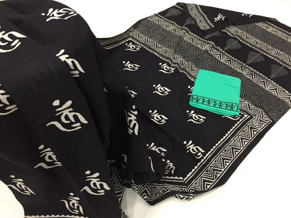 Superior quality black and white daily wear swastik bagru print cotton sarees with blouse piece