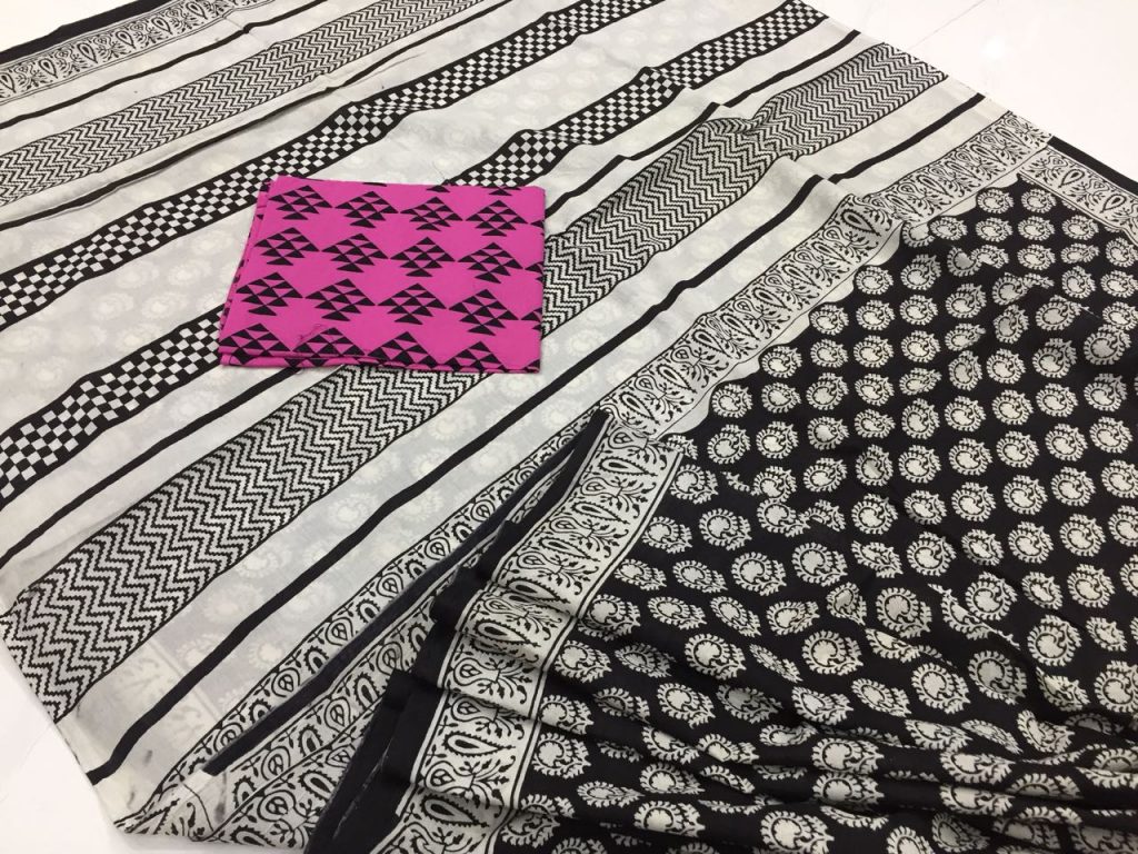 Superior quality black and white daily wear bagru print cotton sarees with blouse piece