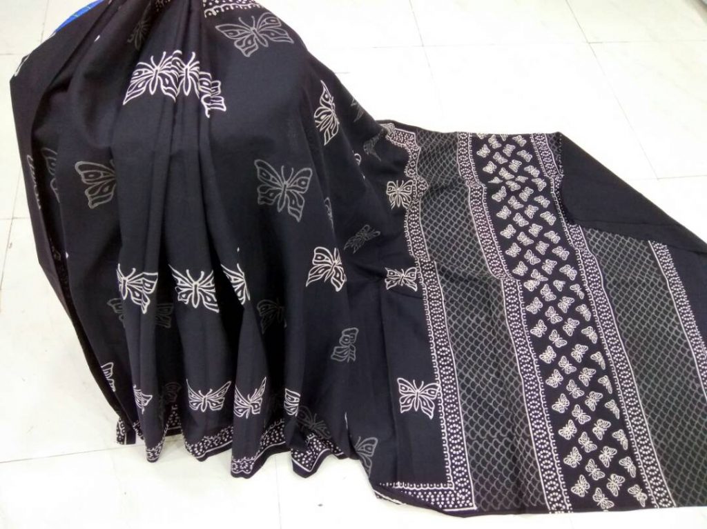 Ladies black and white regular wear jaipuri butterfly bagru print cotton sarees with blouse
