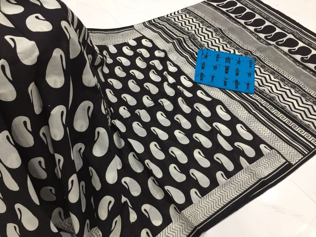Superior quality black and white regular wear kerry bagru print cotton sarees with blouse piece