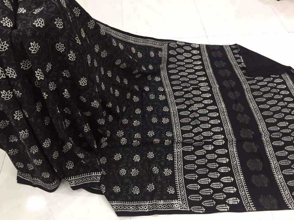 Ladies black and white regular wear jaipuri floral bagru print cotton sarees with blouse