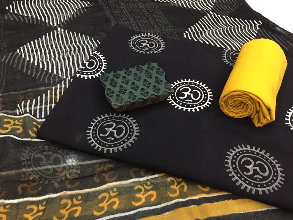 Jaipuri black and white lemon bagru om print cotton suit with chiffon chunni