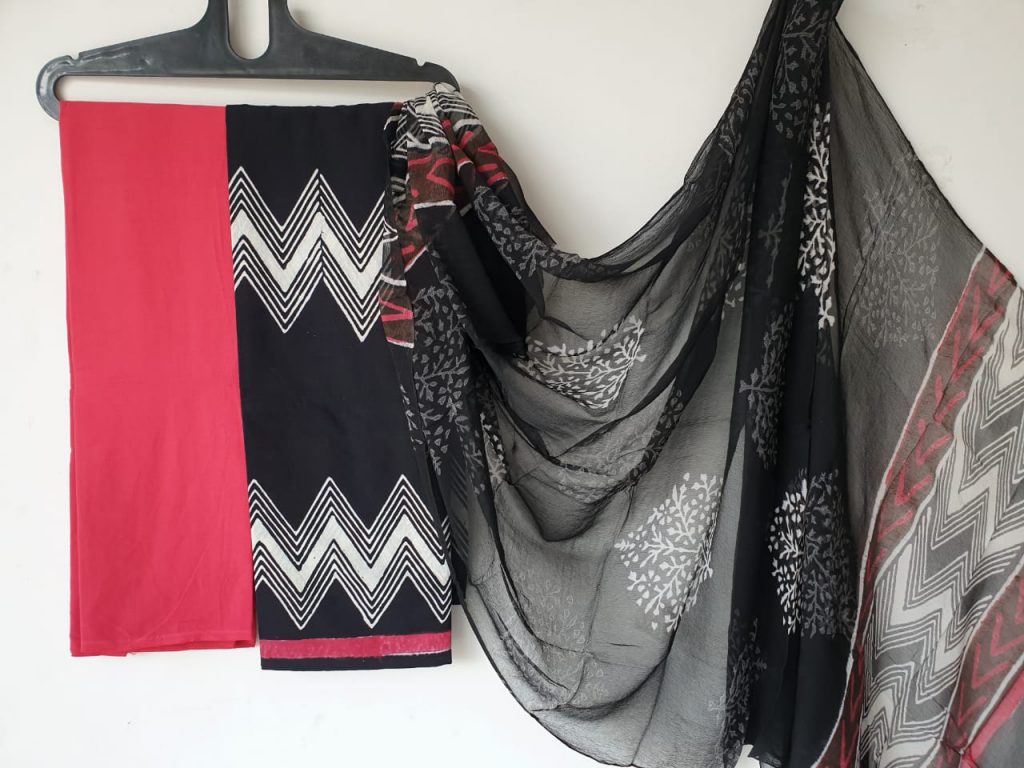 Black and white red bagru print cotton salwar kameez with chiffon dupatta