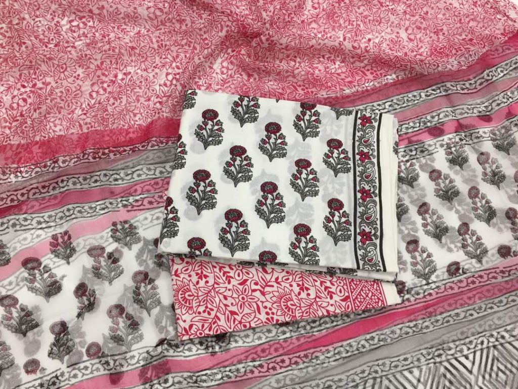 Superior quality white booty pigment print cotton salwar kameez with pure chiffon dupatta