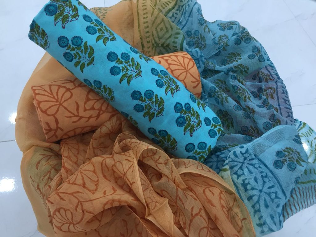 Jaipuri blue-green pigment booty print pure cotton salwar kameez with chiffon dupatta