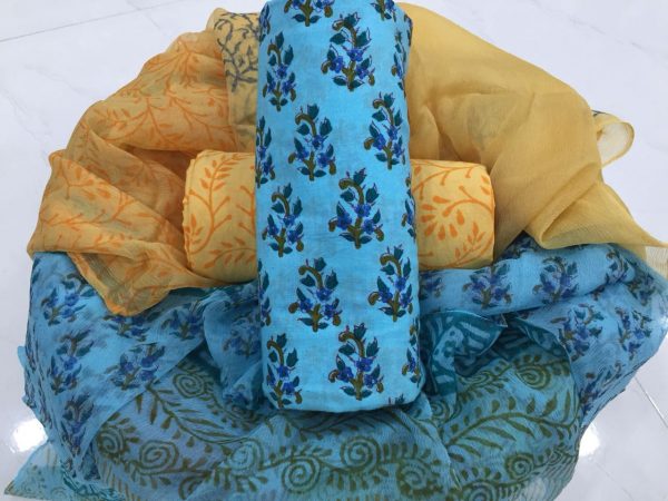 Ladies pigment blue-green booty print pure cotton salwar kameez set with chiffon dupatta