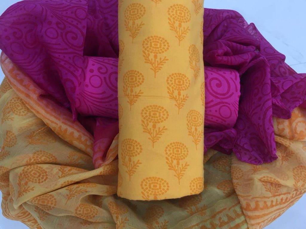 Amber pigment booty print pure cotton salwar suit set with chiffon dupatta
