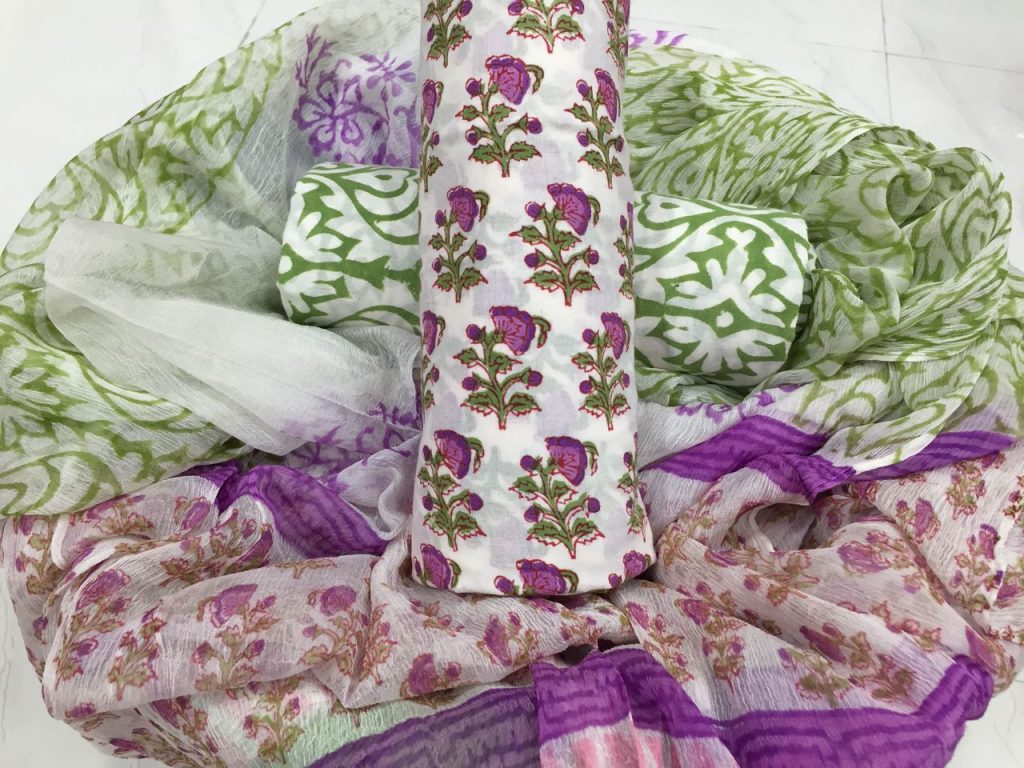 Superior quality white pigment booty print pure cotton suit with pure chiffon dupatta