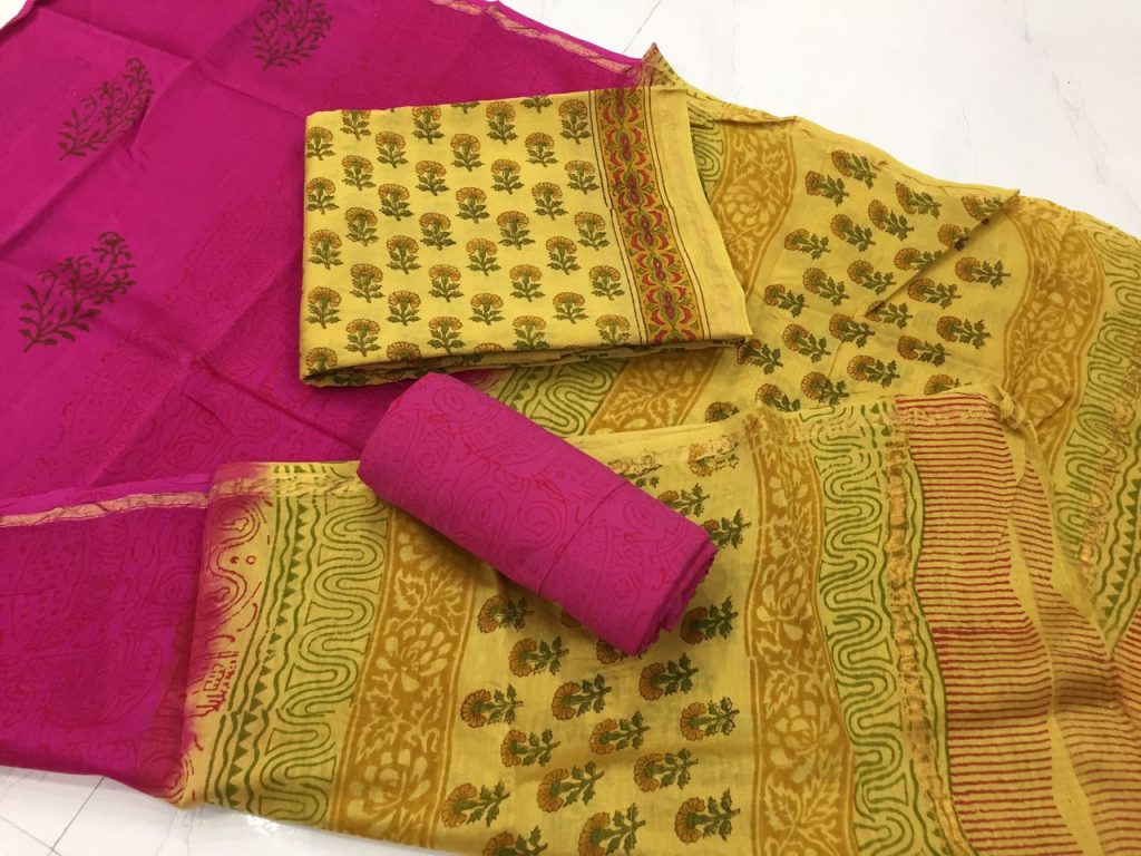 Yellow pigment booty print casual wear chanderi silk suit