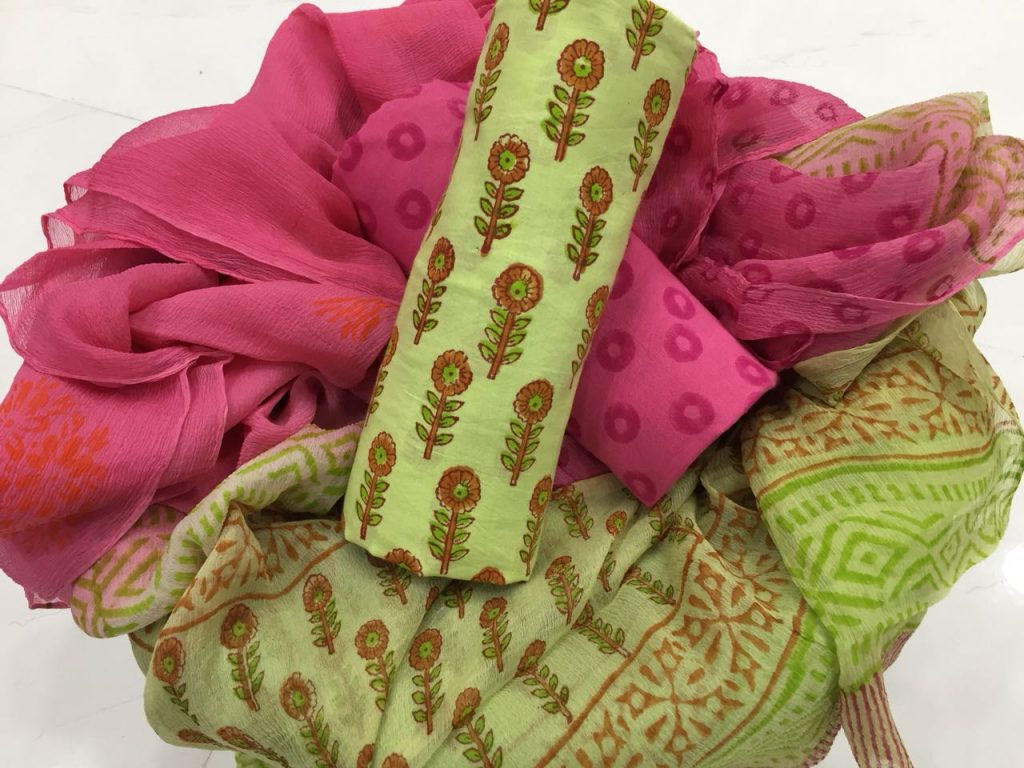 Unstitched lime pigment booty print cotton suit set with chiffon chunni