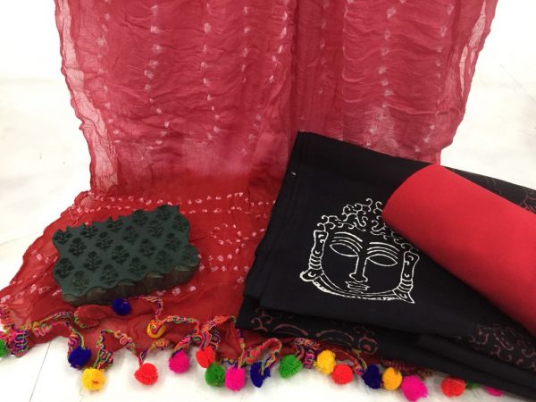 Black red party wear budha kalamkari shibori print pompom cotton suit