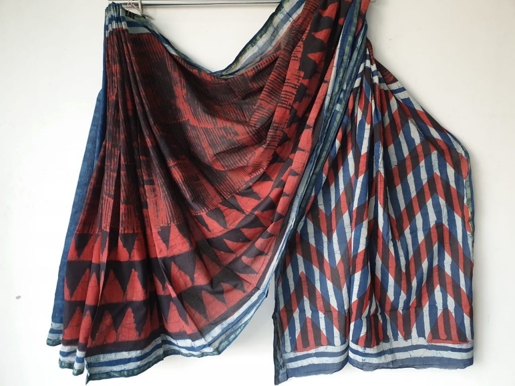 Coral bagru zigzag print casual wear zari border saree with blouse
