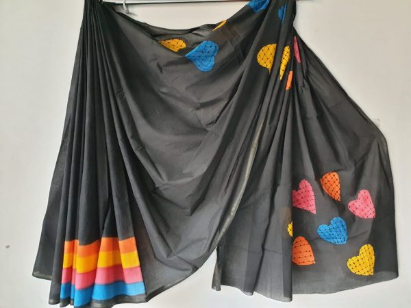 Black bagru heart print casual wear zari border cotton mulmul saree with blouse