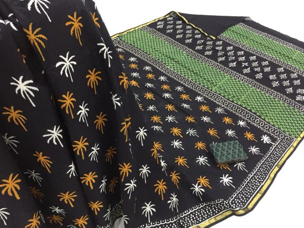 Black bagru tree print casual wear zari border cotton mulmul saree with blouse
