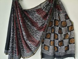 Black bagru swastik print casual wear zari border cotton mulmul saree with blouse