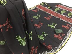Black bagru baggi print casual wear zari border cotton mulmul saree with blouse