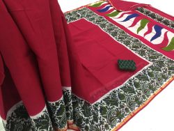 Amaranth bagru print casual wear zari border cotton mulmul saree with blouse