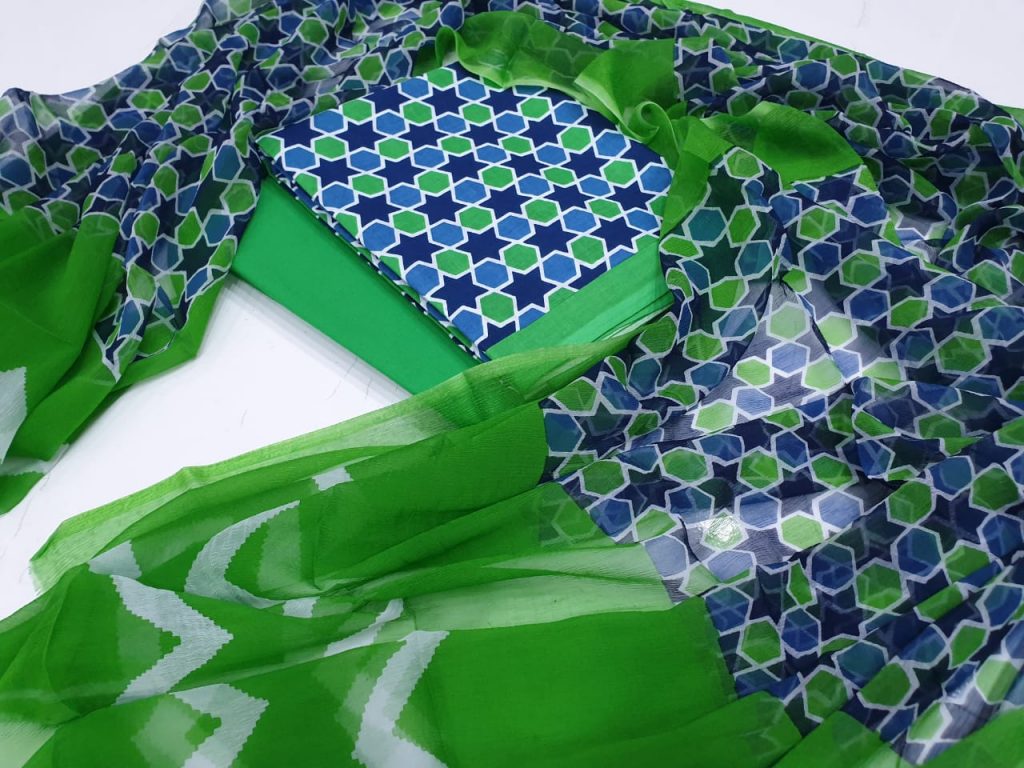 Prussian blue emerald bagru star print cotton salwar kameez with chiffon chunni