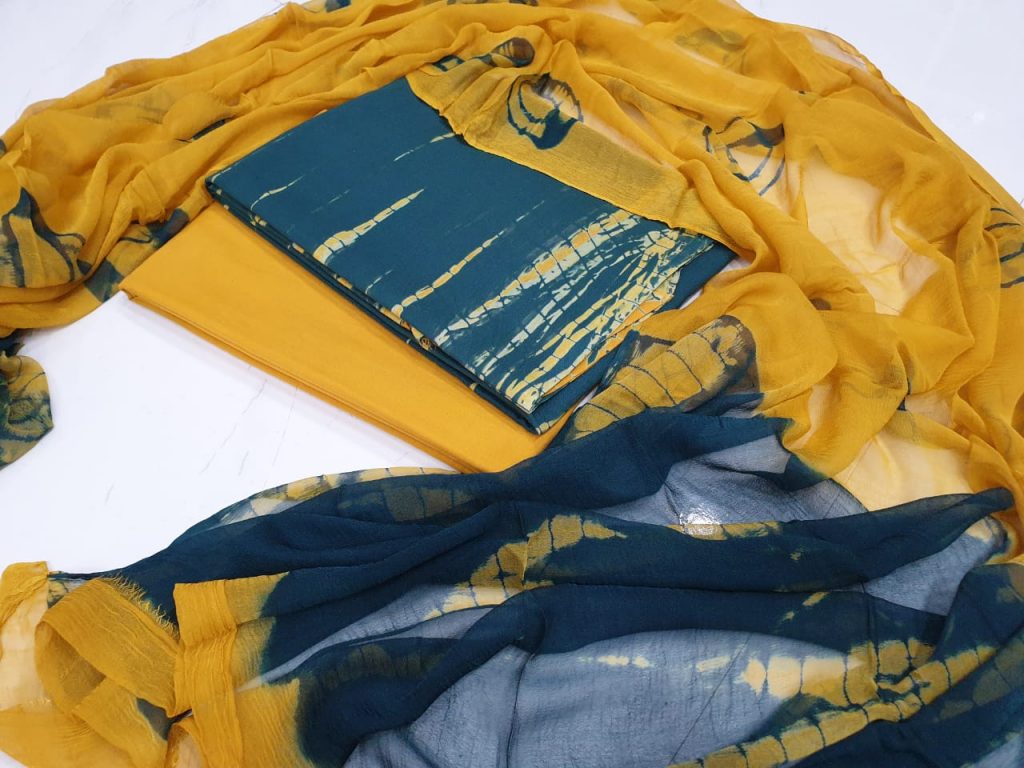 Yellow prussion blue shibori print regular wear cotton suit with chiffon dupatta