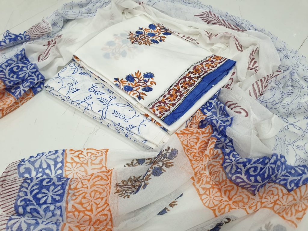 Unstitched white mugal print cotton suit set with pure chiffon dupatta