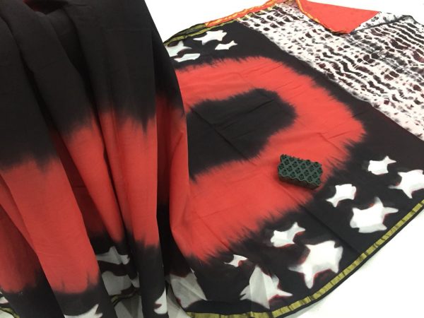 Red black clamp shibori fish print casual wear zari border cotton mulmul saree with blouse