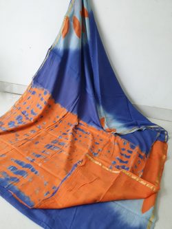 Blue Orange clamp shibori print casual wear zari border cotton mulmul saree with blouse