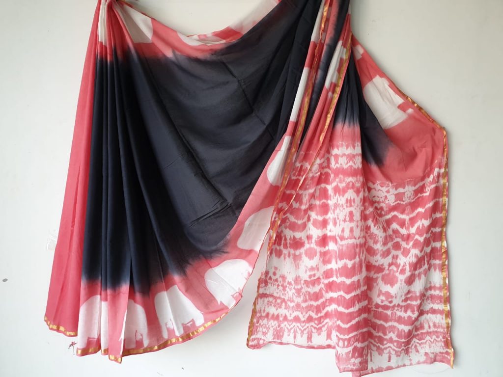 Black clamp shibori print casual wear zari border cotton mulmul saree with blouse