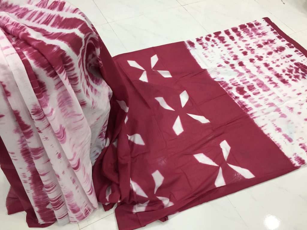 Maroon clamp shibori bhandhej square print regular wear cotton saree with blouse piece