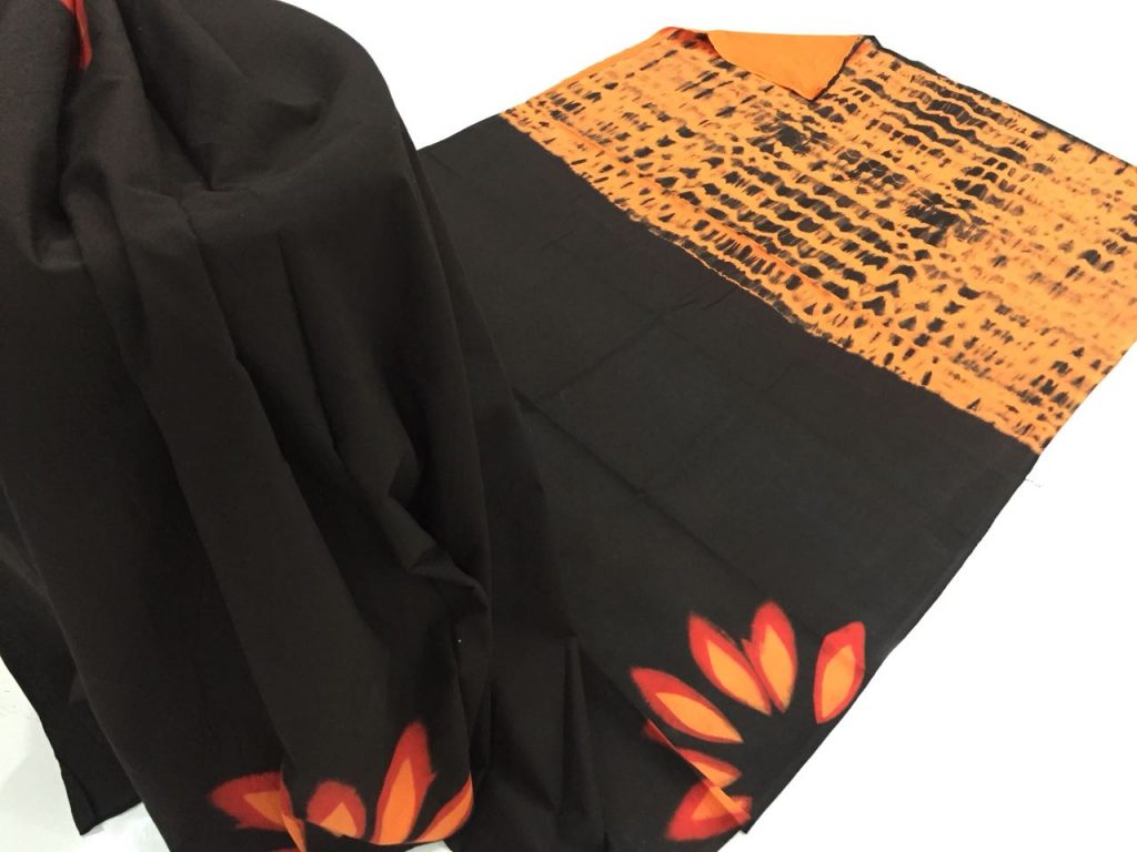 Black yellow clamp shibori bhandhej print regular wear cotton saree with blouse