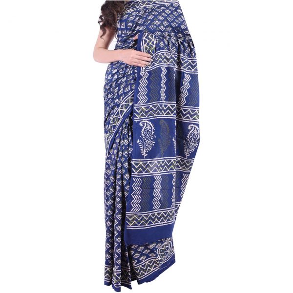 Indigo dabu print daily wear pure Cotton mulmul saree with blouse piece