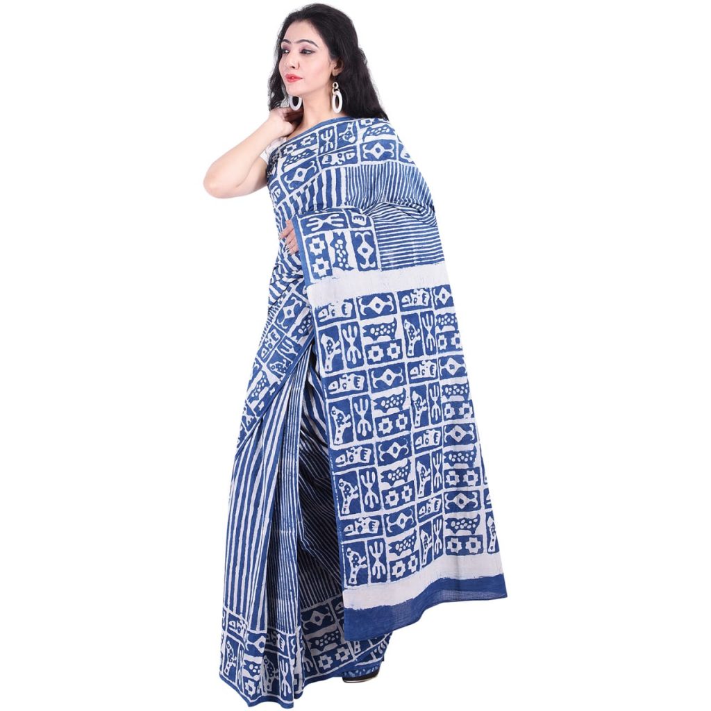 Indigo dabu print daily wear pure cotton mulmul saree with blouse piece