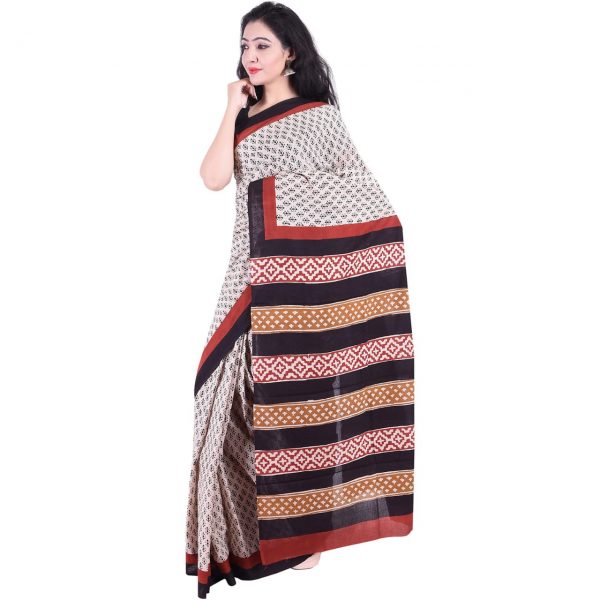 Tan bagru booty print daily wear pure cotton mulmul saree with blouse piece