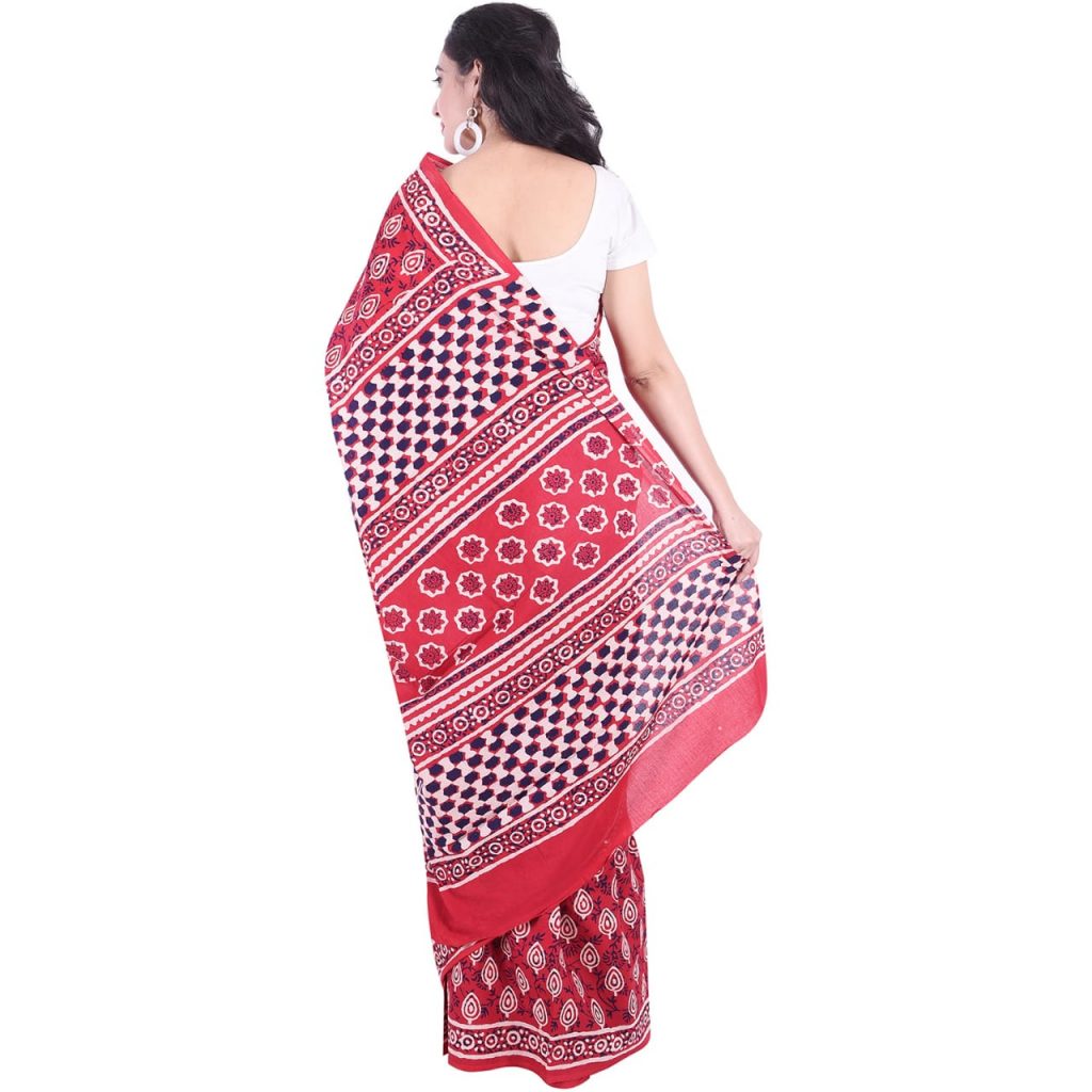 Red bagru print daily wear pure Cotton mulmul saree with blouse piece