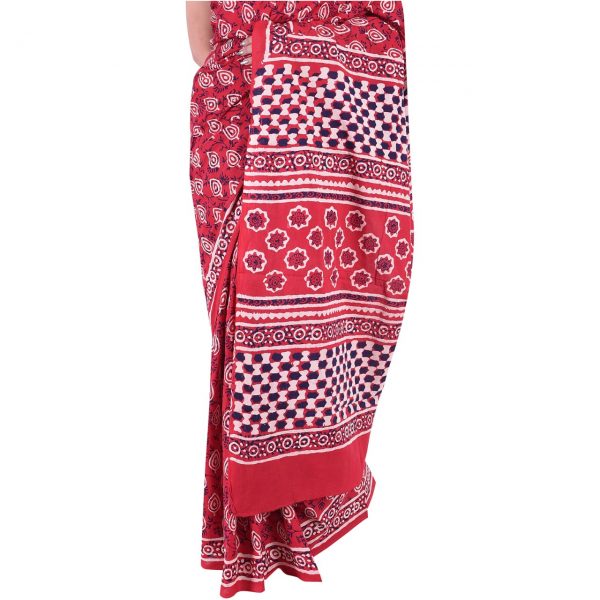 Red bagru print daily wear pure Cotton mulmul saree with blouse piece