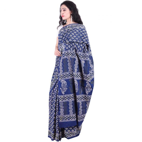 Indigo dabu print daily wear pure Cotton mulmul saree with blouse piece