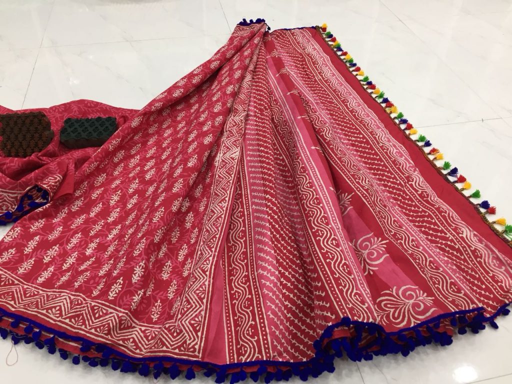 Ruby regular wear bagru booty print pure cotton mulmul pompom saree