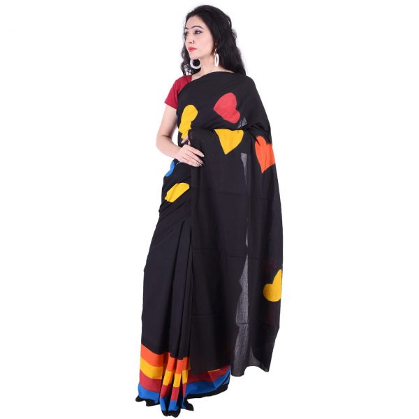 Black batik print casual wear cotton saree with blouse