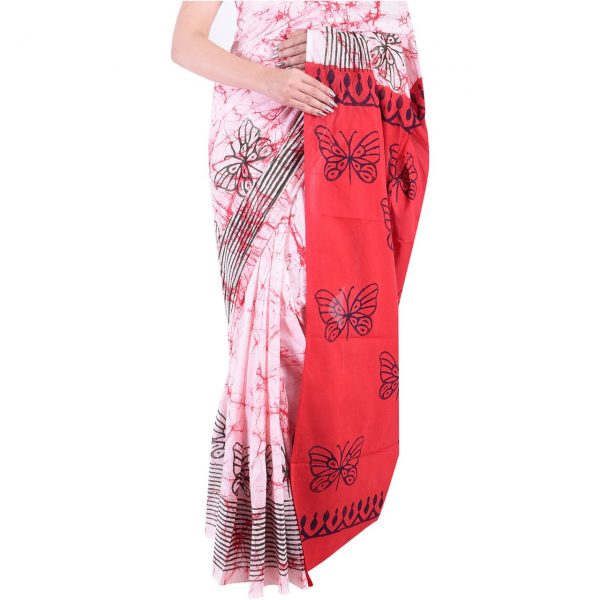 champagne red batik print regular wear cotton saree with blouse piece