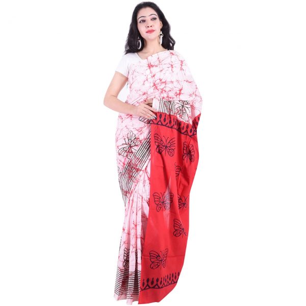 champagne red batik print regular wear cotton saree with blouse piece