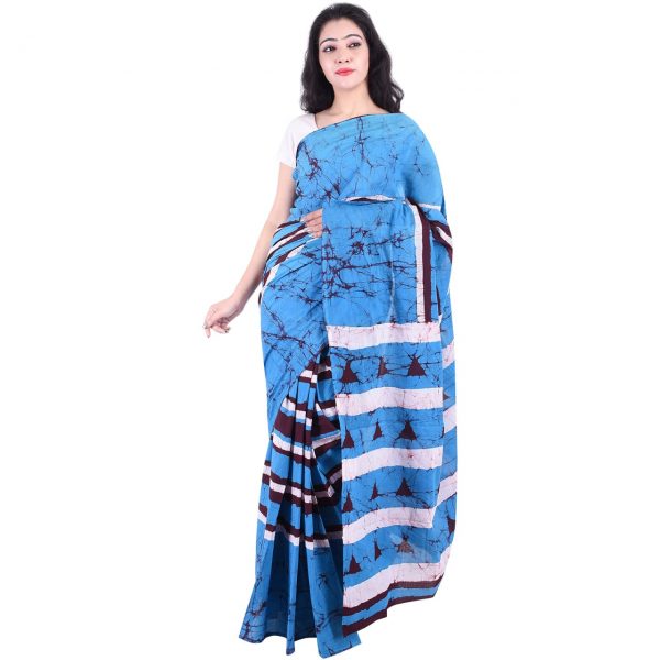 Azure batik print casual wear cotton saree with blouse