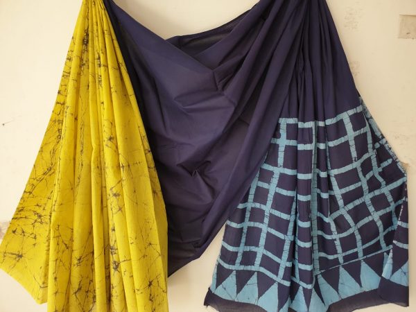 Yellow blue batik print regular wear cotton saree with blouse